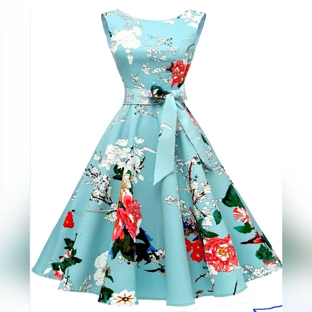 Hanpceirs Women's Boatneck Sleeveless Vintage 1950s Cocktail MintFlowers Size M.
